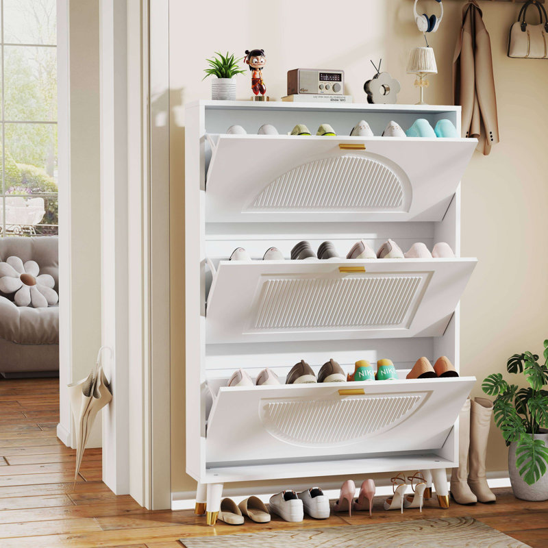  Fluted Hidden Shoe Storage Cabinet with 3 Flip Drawers