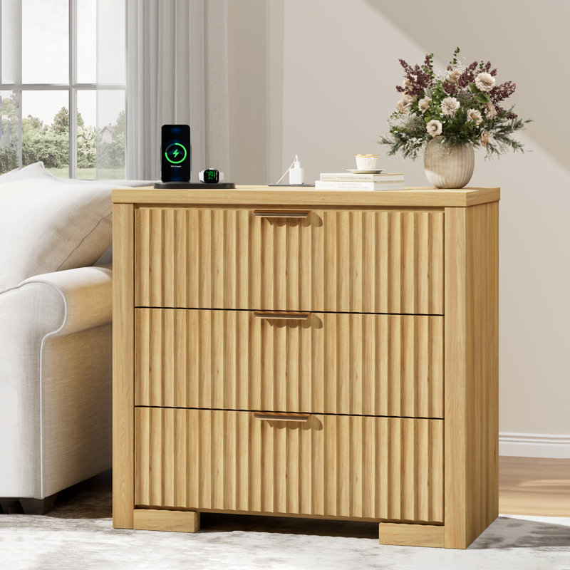 3-Drawer 31.5'' W Fluted Nightstand with Outlets, Wood Storage Bedside Table