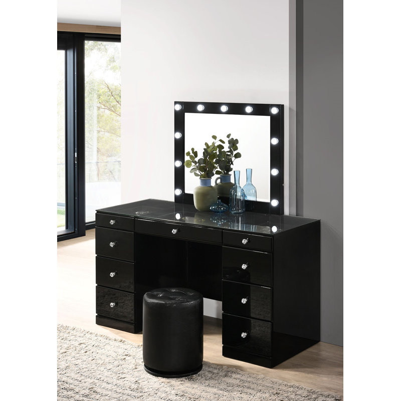 Coiffeuse 1 pièce avec plateau en verre et 9 tiroirs, Noir