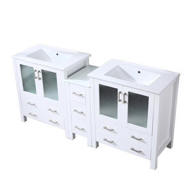 72 In. W X 18.25 D White Double Bath Vanity, Side Cabinet Added, Ceramic Countertop, Solid Wood Structure, Soft - Close Function, Two Interior Storage Cabinets And Seven Drawers, Stain Surface, Pre