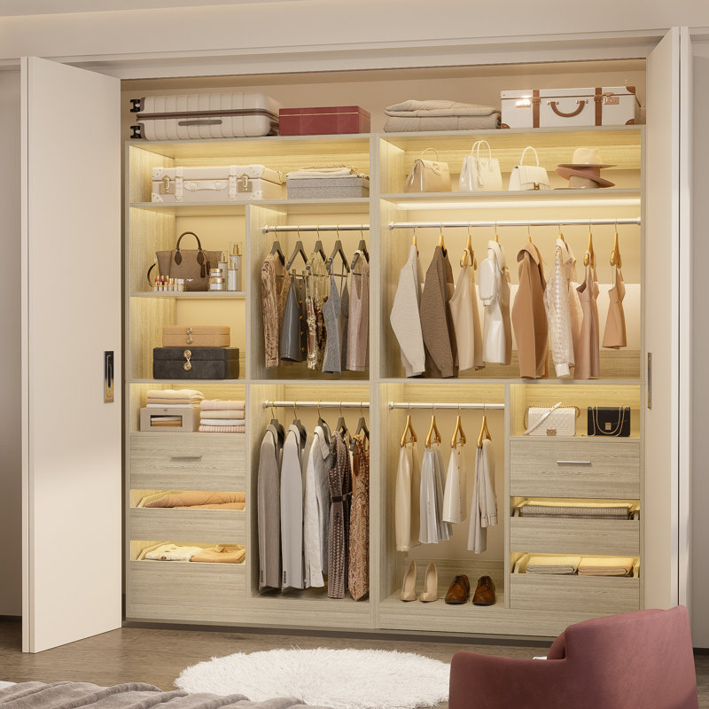 72"Closet System With 6 Drawers And 4 Rods, Oak Wood