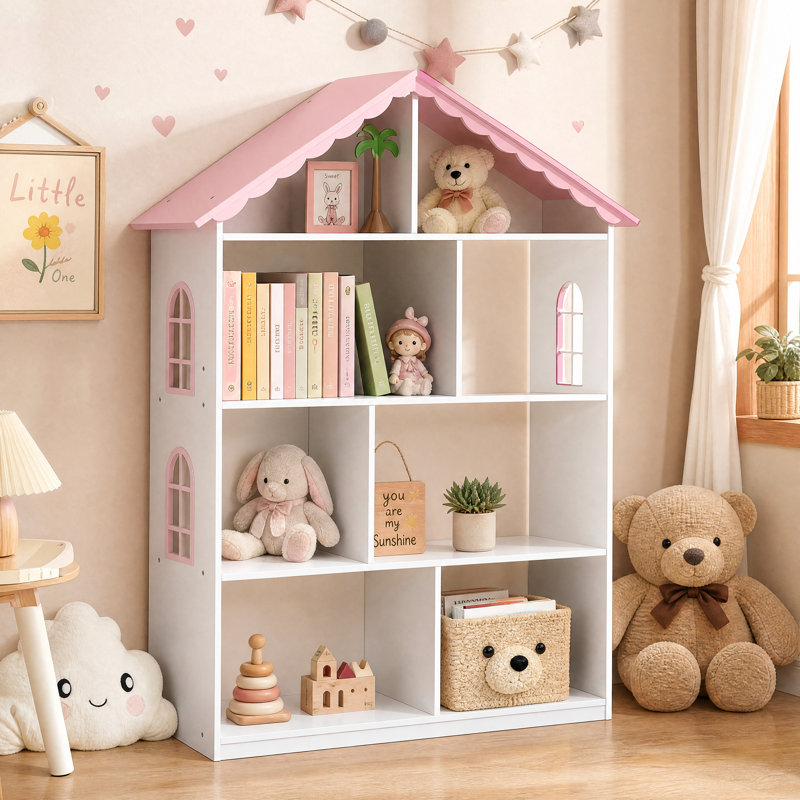 Bibliothèque en bois pour maison de poupée avec rangement à 4 niveaux pour enfants, blanc et rose avec toit