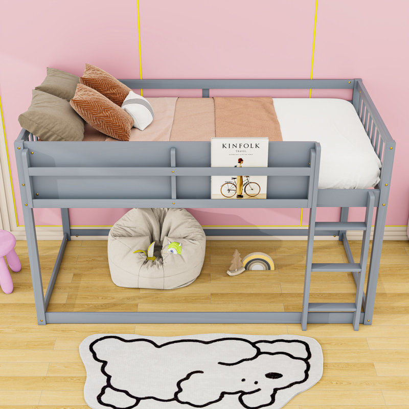 Wood Twin Over Twin Low Bunk Bed With Ladder, Shelves And Guardrails, Gray