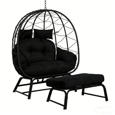 Fauteuil double en osier avec repose-pieds, causeuse surdimensionnée d'une capacité de 600 lb avec coussins et coussins, chaise d'extérieur en rotin pour le balcon de la chambre à coucher (noir et noir)