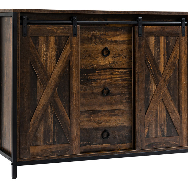Buffet industriel de style rustique brun avec portes de grange coulissantes, 3 tiroirs, tablettes réglables pour l'armoire, trois tiroirs et le salon