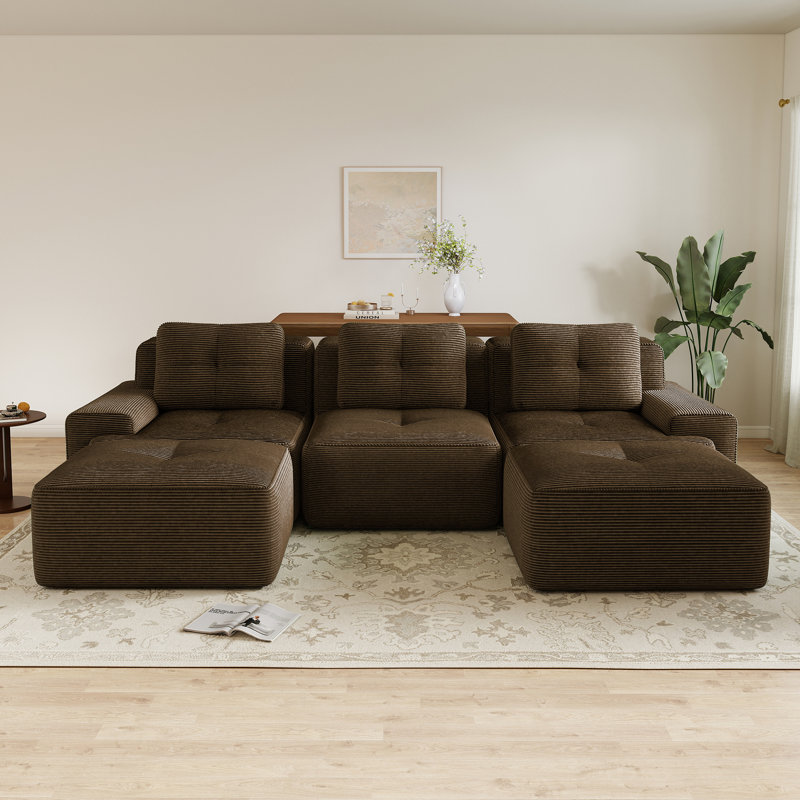 Canapé modulaire en forme de U Boneless, tissu de velours côtelé à compression et sans assemblage, Brun