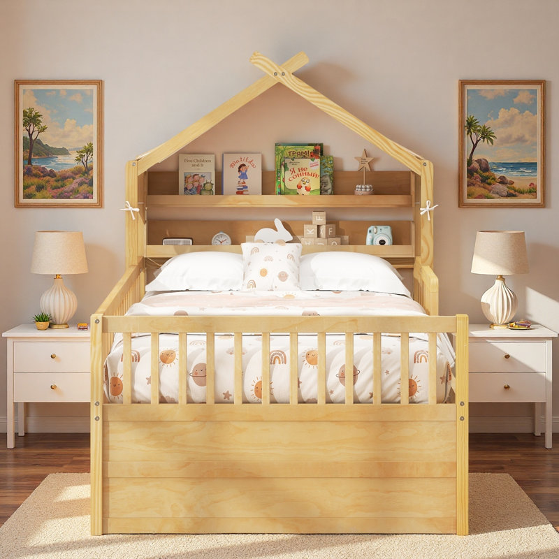 Lit maison avec lit gigogne, tablettes de tête de lit et tiroirs de rangement, Lit simple, Naturel