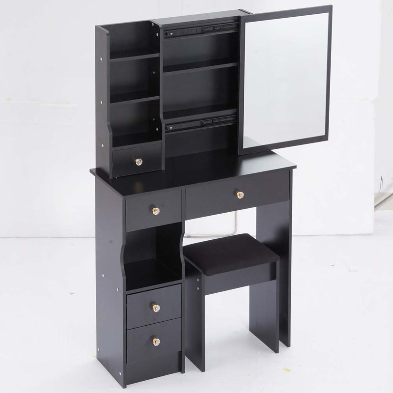 Petit meuble-lavabo de 29,2 po avec tiroir à gauche et tabouret rembourré, très grand miroir coulissant à droite, rangement multi-couches à grande capacité, commode pratique et pratique, convient aux petits espaces