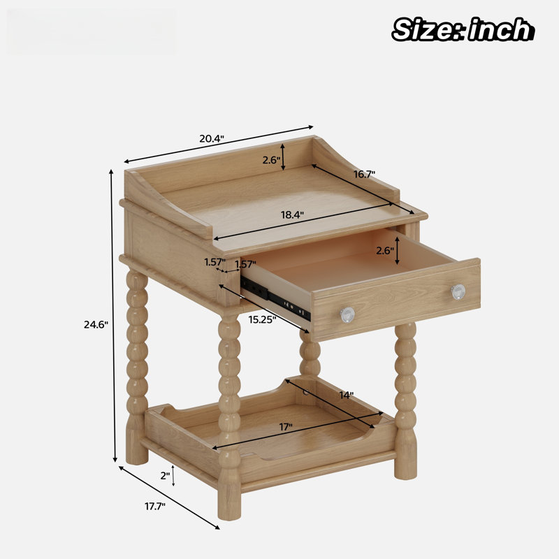 Retro Style Nightstand With 1 Drawer, An Open Shelf, Turned Legs And Metal Handles