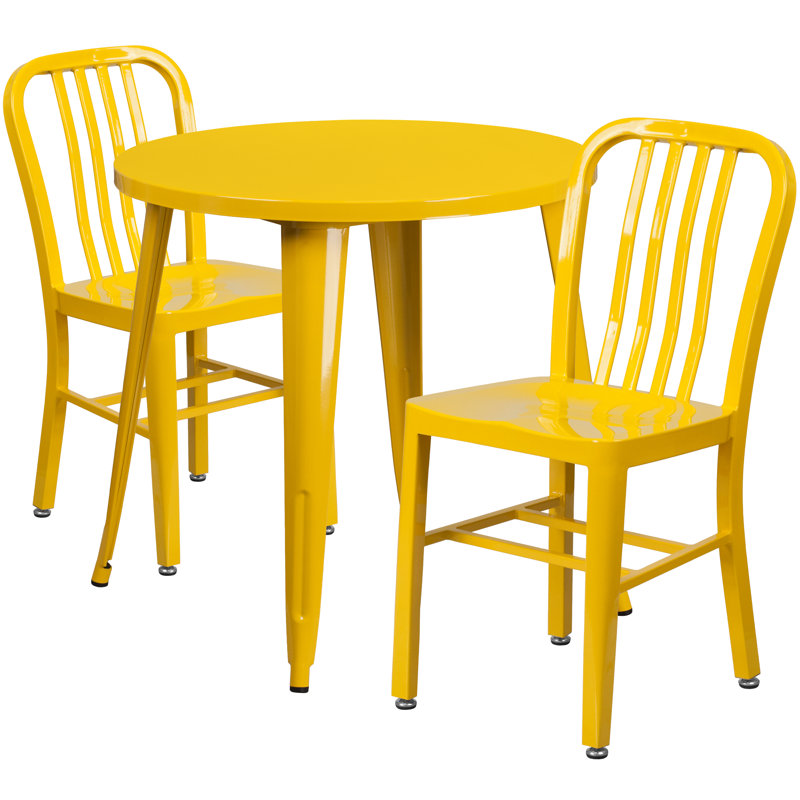 Ensemble de table ronde intérieure / extérieure en métal 24 po avec 2 chaises à dossier vertical à lattes Kathryne, Jaune