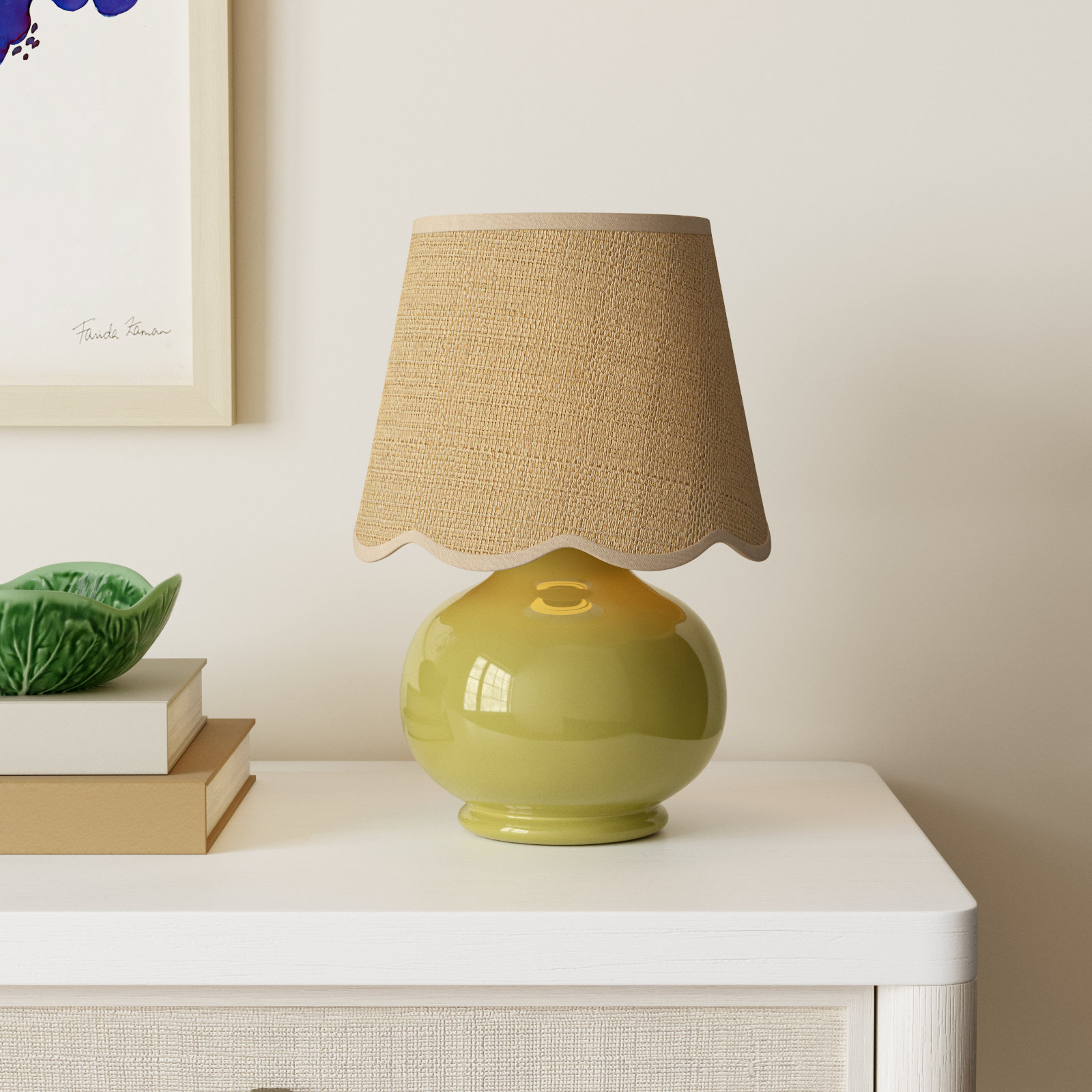 Momsen Ceramic Bedside Lamp, 13" H x 8" W x 8" D, Natural, Chartreuse