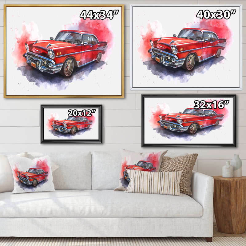 Voiture rouge à l'ancienne - peinture sur toile, Cadre flottant doré, H 16 po x l 32 po x P 1 po