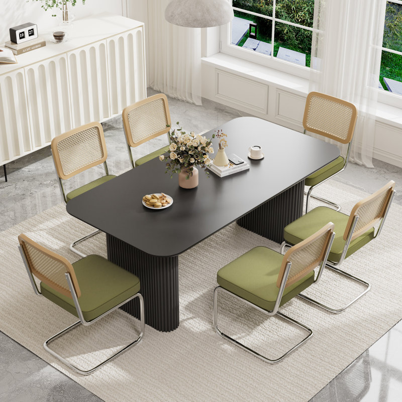 Ensemble de table de salle à manger rectangulaire à double piédestal, Noir, Vert, 7