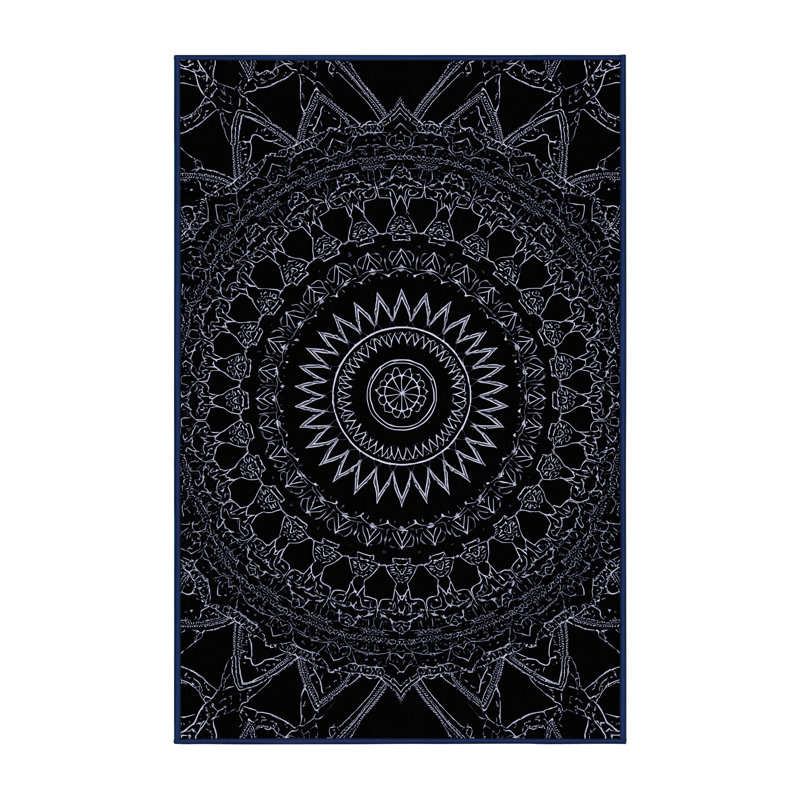 Machine Washable Peoro Global Inspired Geometric Rug in Blue – Navy Binding, 8x12