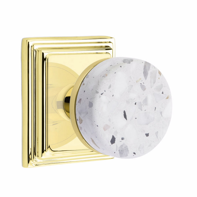 Terrazzo Round Knob with Square Rosette, Unlacquered Brass