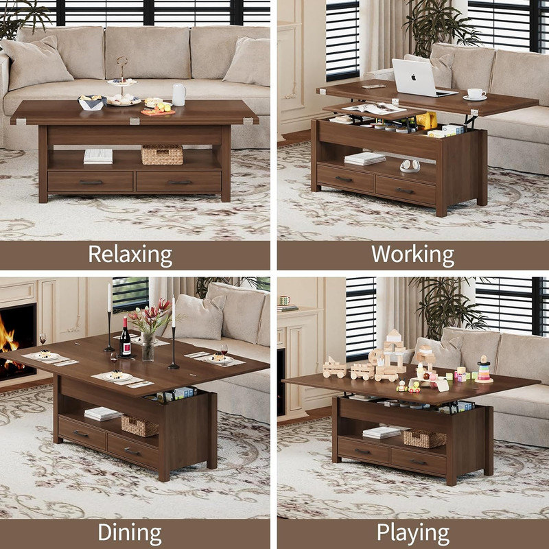 Table basse à plateau relevable 40 po, convertible en table de salle à manger multifonctionnelle avec tiroirs et rangement