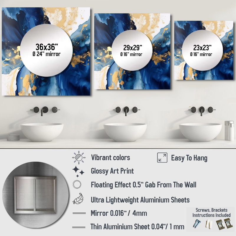 Lalisha - Dark Blue and Gold Strokes VIII Fractals Large Square Mirror Wall Decor For Bedroom, 23" x 23"