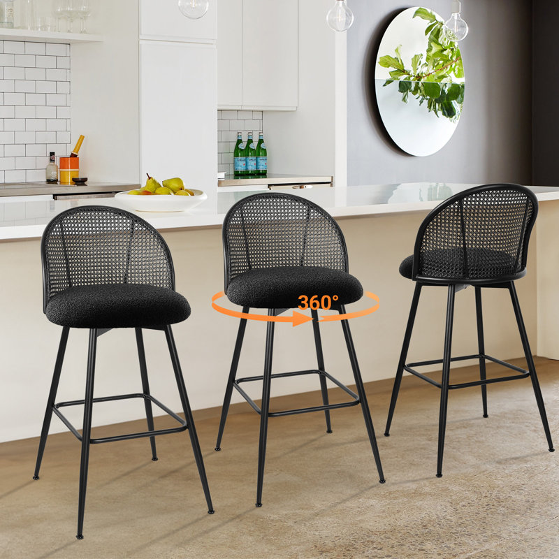 Black Metal Swivel Bar Stools with Rattan Backs, Set of 3