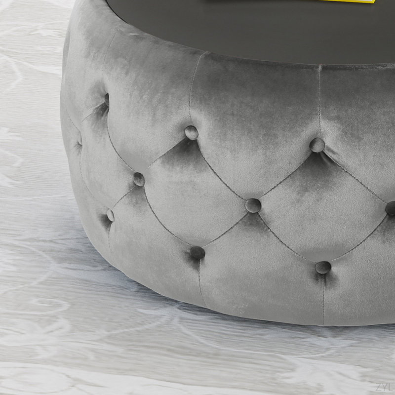 Repose-pieds rond en velours capitonné avec plateau en verre, Gris