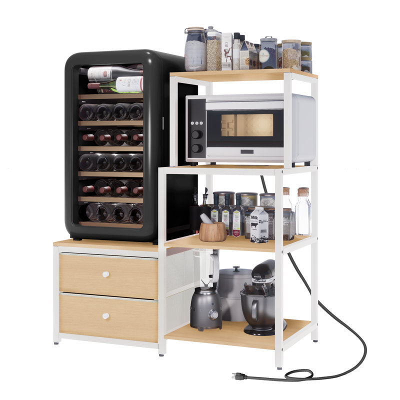 Mini Fridge Stand with Storage, Microwave and mini Fridge Stand with Power Outlet, Coffee Bar,Kitchen Baker,for Dorm,Office(Oak)