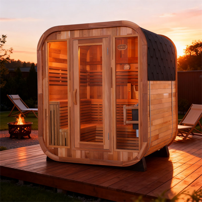 Outdoor Square Sauna Kit In Patchwork Red Cedar, Traditional Steam Sauna With Waterproof Tile & Accessories
