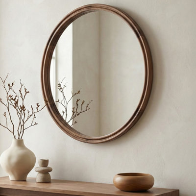 Miroir, petit rond, cadre en noyer massif, détail à double bord, noyer naturel