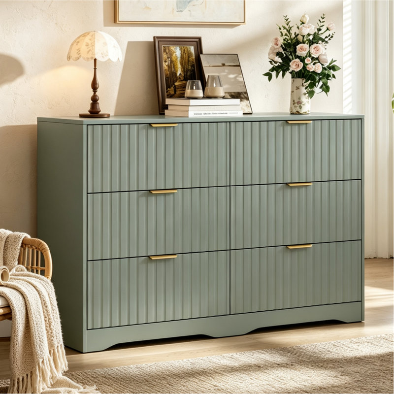 Commode 6 tiroirs cannelée en bois moderne, Vert