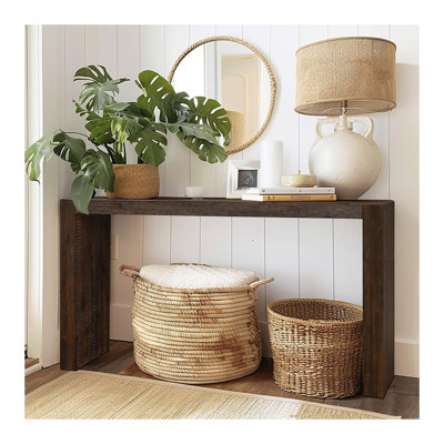 Brown Solid Wood Console Table with Decorative Leg Hardware, 64"W Modern Entryway Table from Vietnam