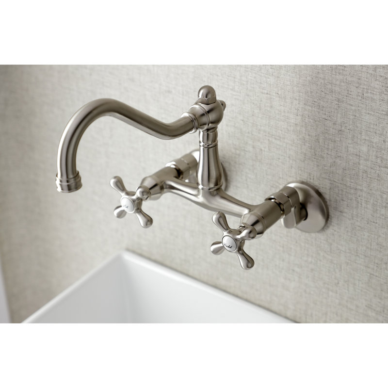Kingston Brass Vintage Double-Handle 2-Hole Wall-Mount Bridge Kitchen Faucet, Brushed Nickel