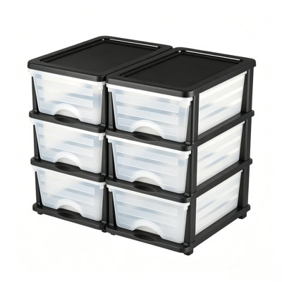 2 Pack Plastic Storage Drawers – 6 Drawers Total, 18.1" x 14.2" x 15" Stackable Organizer Bins, Transparent Front for Easy View, Black & White for Bedroom, Closet, Office