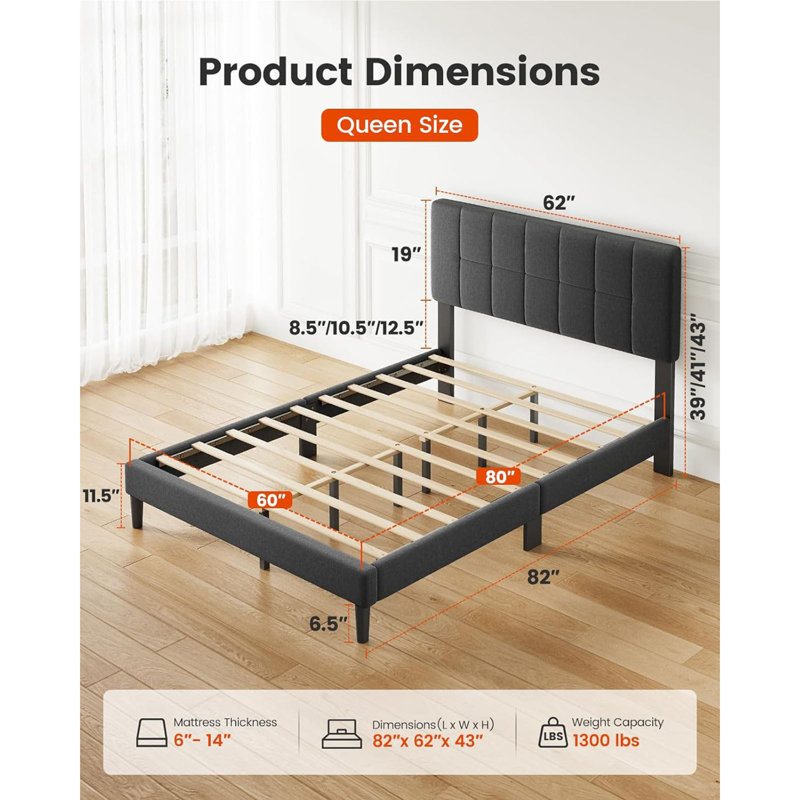 Queen Upholstered Platform Bed Frame With Adjustable Headboard & Modern Groove-Door Bedside Table With Drawer, Bedroom Furniture Set