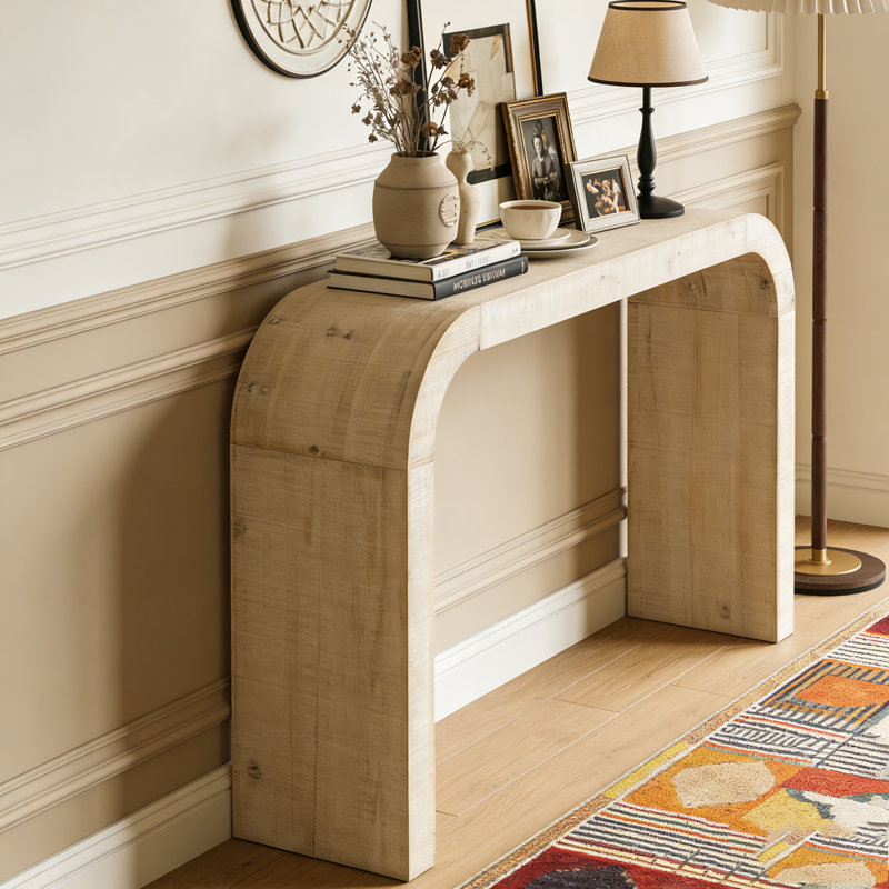 52" Wood Console Table with Curved Edge, Natural