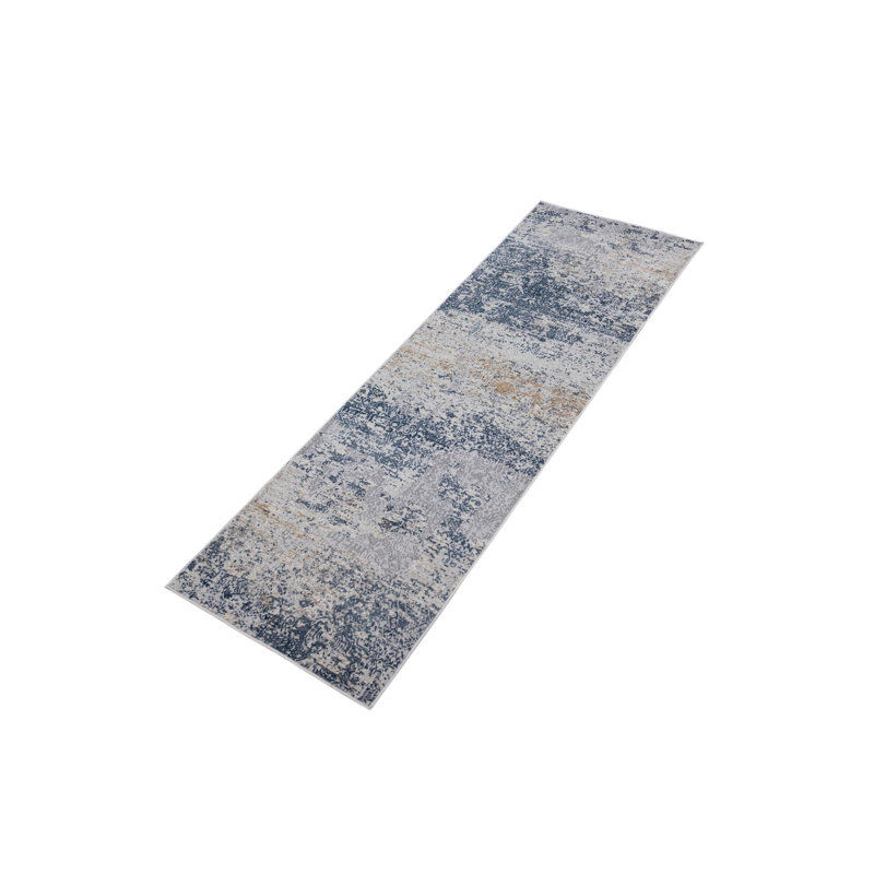 Tapis abstrait bleu / gris Fernon, Tapis de couloir 2 pi 7 po x 12 pi