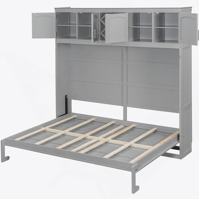 Murphy Bed Wall Bed With Top Cabinets & Wine Rack, Gray