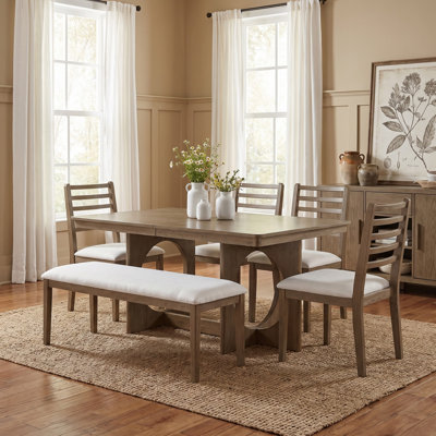 6-Piece Extendable Wood Dining Table Set for 6, Solid Wood Dining Set with 4 Ladder Back Chairs & 48" Upholstered Bench for Kitchen, Dining Room