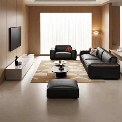 Black Genuine Leather 3 - Piece Living Room Set
