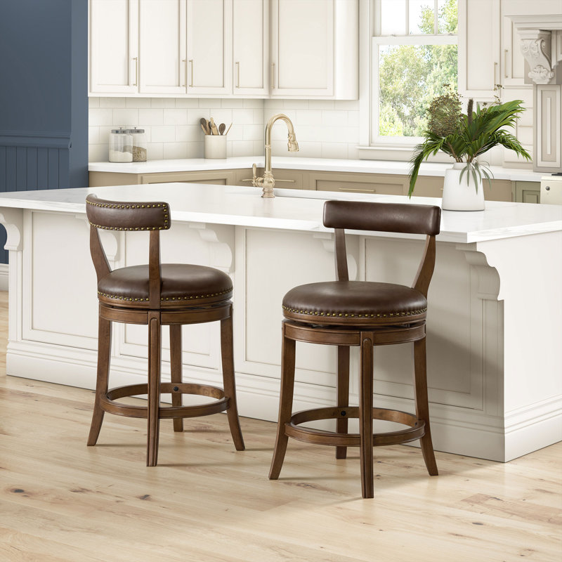  Tabouret de comptoir pivotant 26 po Ruxban, noyer et cuir brun, ensemble de 2, 2
