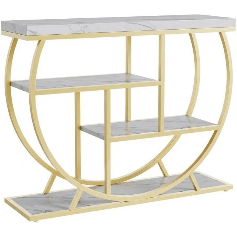 Rustic Industrial Console Table & Entryway Table, 39-Inch Narrow 4-Tier Storage Table with Circle Frame, Gold