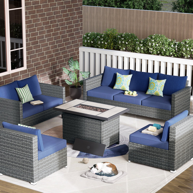 Wicker 7 - Person Patio Conversation Set with Cushions, Blue, Yes