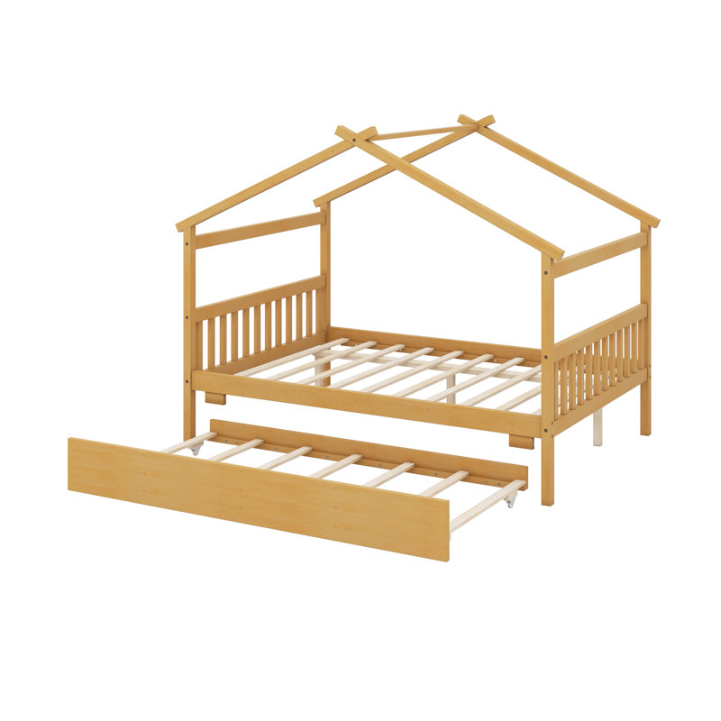 Lit double en bois avec lit gigogne, Naturel