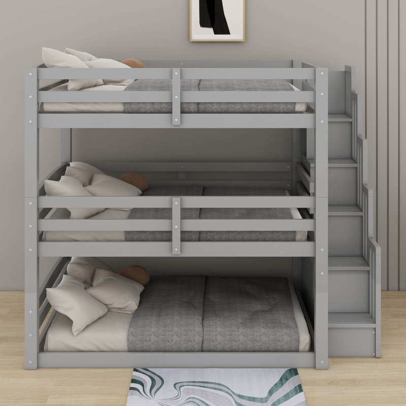 Lit superposé triple double avec escalier double, Gris