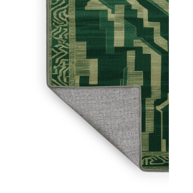 Machine Washable Art Deco Green Area Rug, Round 5'