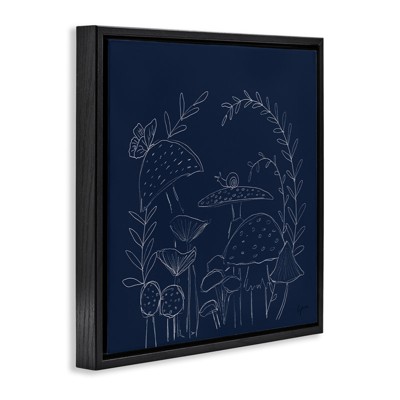 "Champignons sur toile bleue encadrée" par Lucille Price, H 18 po x l 18 po, Cadre flottant métallique doré