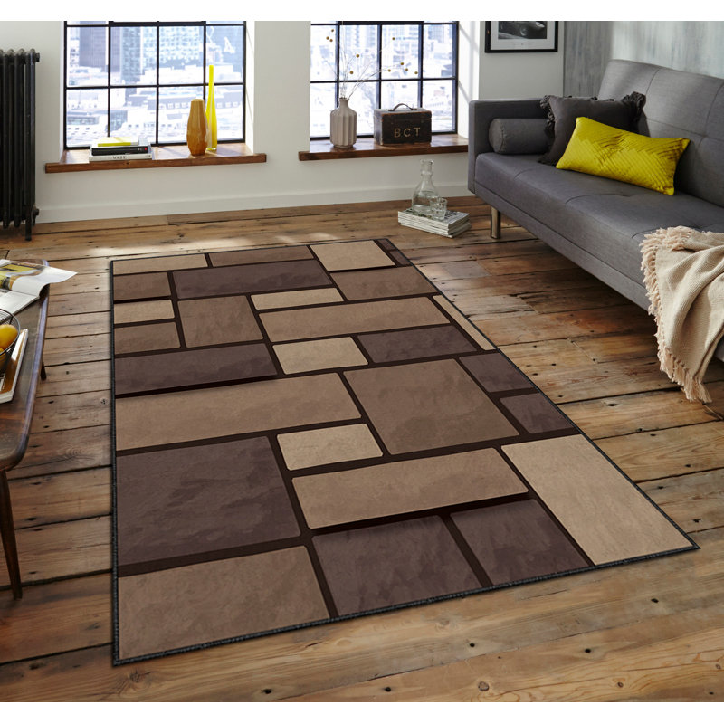 Tapis rectangulaire brun en polyester tissé à la machine Isiah, Rectangle 5 pi 11 po x 9 pi 2 po