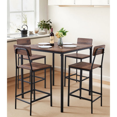 5-Piece Counter Height Dining Set, 35" Square Pub Table with 4 Bar Stools, Rounded Edge for Kitchen Dining Room, Walnut & Black Finish