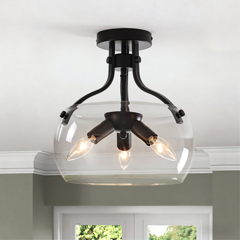 Plafonnier semi-encastré cylindrique en verre 3 lumières, Noir mat