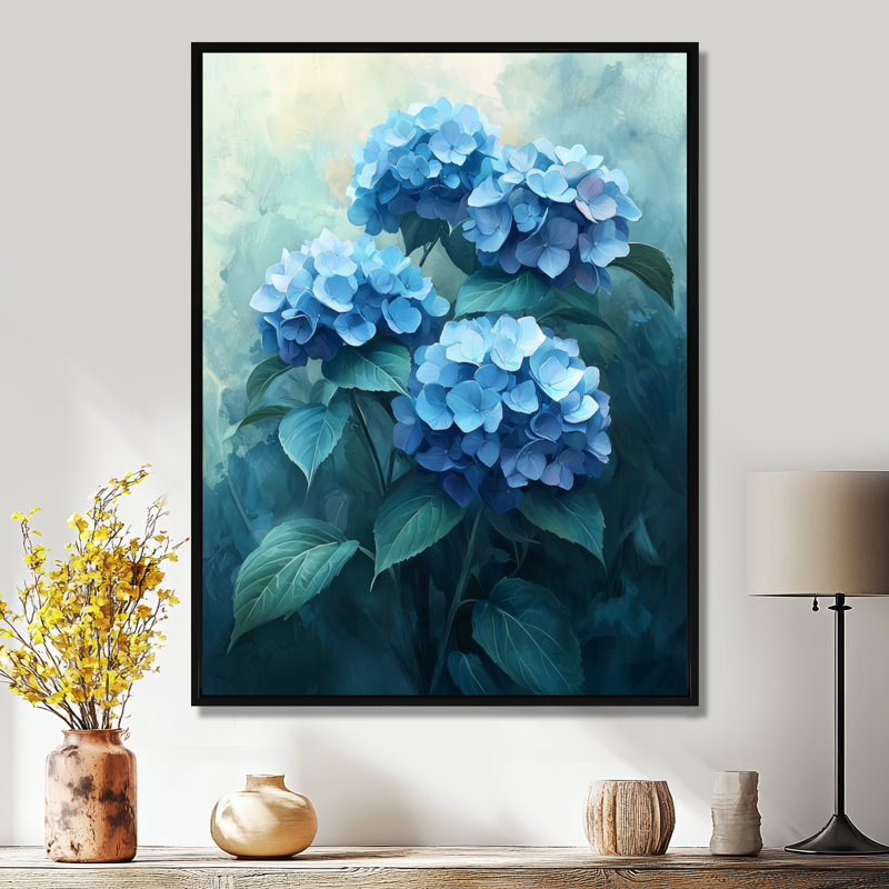 Hydrangea Blossom Harmony I - Art mural d'hortensia pour le salon, H 20 po x l 12 po, Reproduction avec cadre flottant, Noir