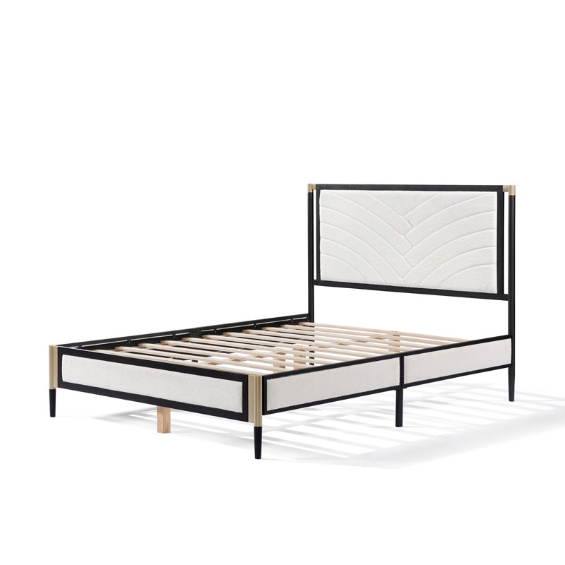Queen Bed with White Boucle fabric Headboard, Queen