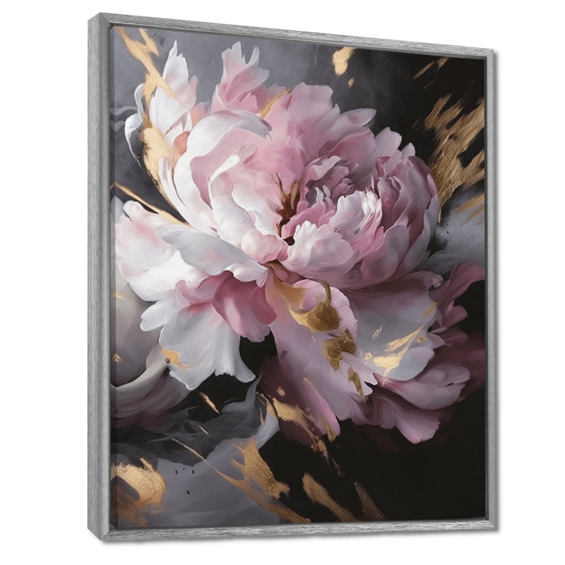 Harmonieux rose gris pivoine II - pivoines, art mural, H 20 po x l 12 po, Encadrement argenté