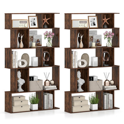 2 PCS 5-Tier Geometric Bookshelf with Open Shelves Closed-back Cubes for Living Room Rustic Brown